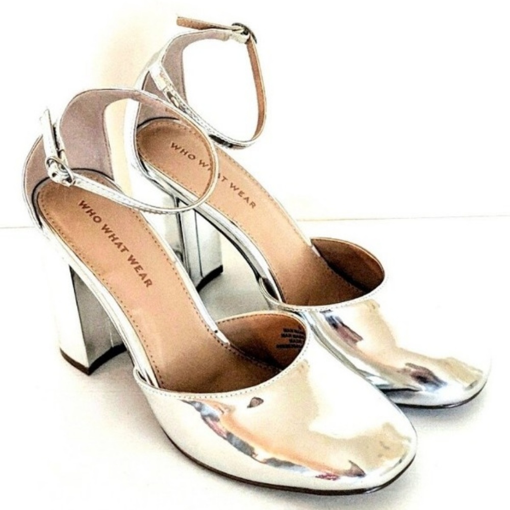 Shiny Silver Block Heel Pumps